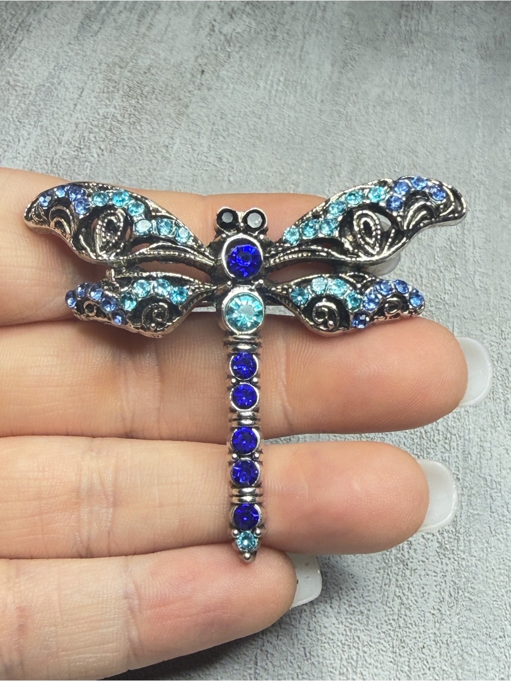 Dragonfly Brooch Blue Turquoise Rhinestone Silver Tone Sparkle 2.5 Inches